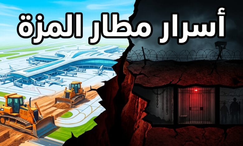 جرافات تعمل في مطار المزة بدمشق مع ظلال تشير إلى الأسرار المدفونة والمقابر الجماعية