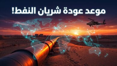 خط الأنابيب السعودي شرق غرب يمتد في الصحراء مع تصريحات حول استئناف ضخ النفط.