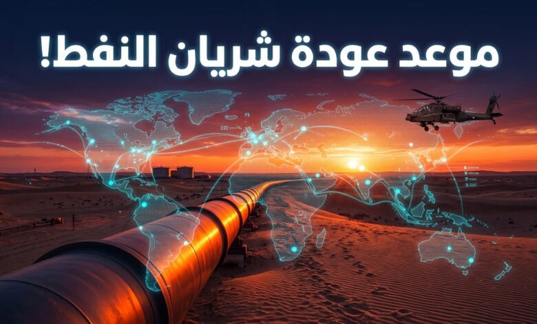 خط الأنابيب السعودي شرق غرب يمتد في الصحراء مع تصريحات حول استئناف ضخ النفط.