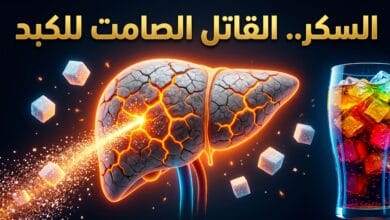 رسم توضيحي يظهر تضرر الكبد الدهني غير الكحولي وتحوله للدهون بسبب السكر المضاف الزائد.