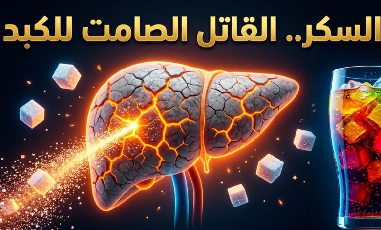 رسم توضيحي يظهر تضرر الكبد الدهني غير الكحولي وتحوله للدهون بسبب السكر المضاف الزائد.