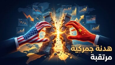 خريطة عالمية رمزية تظهر يد أمريكية وصينية تفصلان حاجزاً جمركياً قبل قمة مرتقبة.