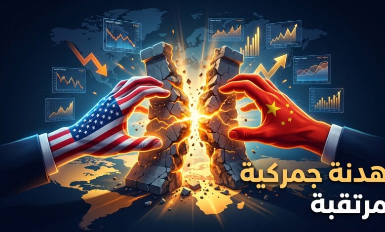 خريطة عالمية رمزية تظهر يد أمريكية وصينية تفصلان حاجزاً جمركياً قبل قمة مرتقبة.