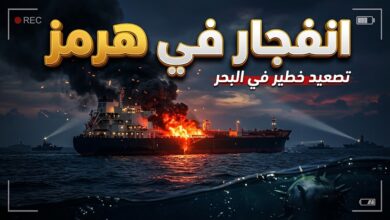 حريق ناقلة نفط في مضيق هرمز إثر اصطدامها بلغم بحري