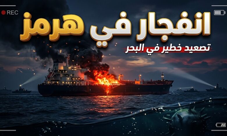 حريق ناقلة نفط في مضيق هرمز إثر اصطدامها بلغم بحري