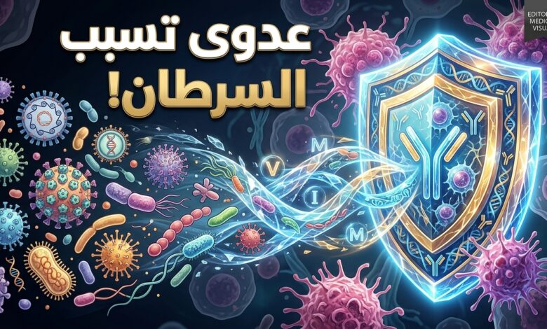 إنفوجرافيك طبي يوضح العلاقة بين العدوى البكتيرية والفيروسية والإصابة بالسرطان